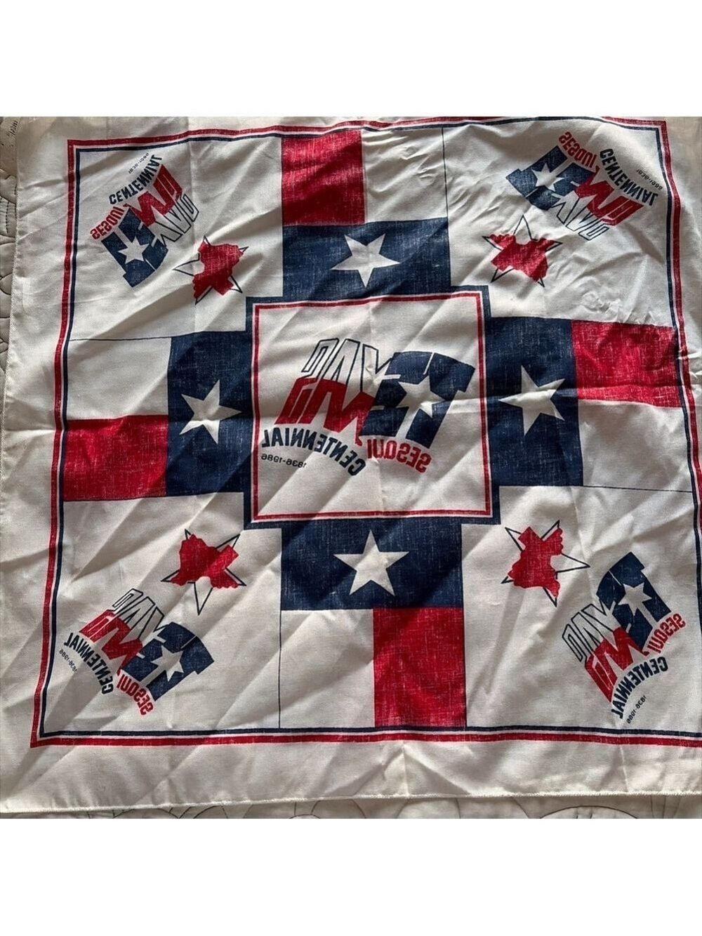 Vtg 1986 Unbranded Texas Sesquicentennial Scarf One Size White Red Blue #0025 - Picture 4 of 4
